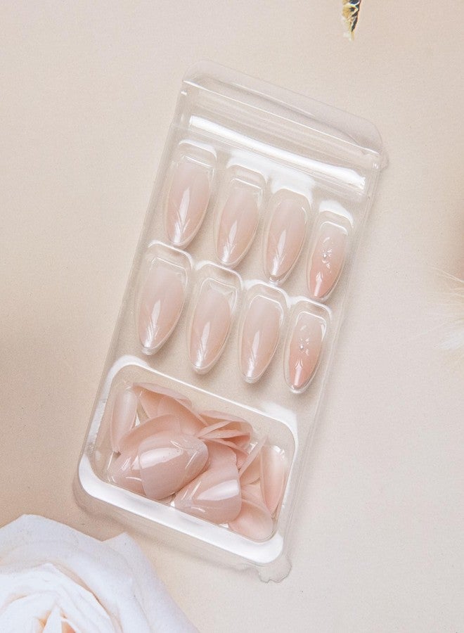 TOGZOM Almond Short Nude Press on Nails - Glossy 3D Flower Acrylic French Tip Gradient False Nails - Full Cover Glue on for Women Girls Manicure Decor - 24Pcs - Image 3